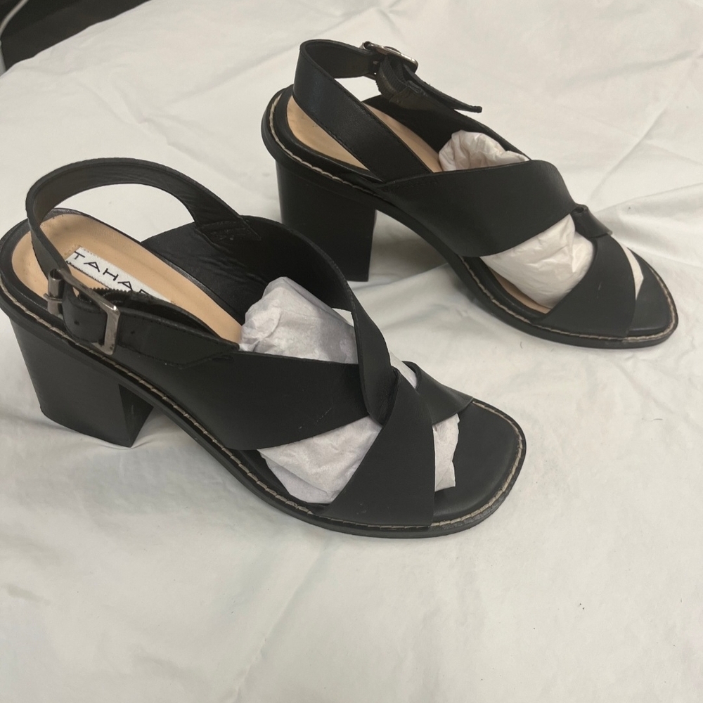 Tahari Black Crisscross Slingback Block Heel Sandals
